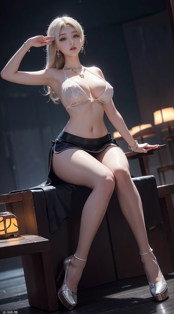 Sweet Girls Clothes 9,skirt, ((whole body)), ((from below)), ((sit)), ((sit在吧台凳上)), Clear face, Pretty Face, 8K, masterpiece, original photo, best quality, detail:1.2,lifelike, detail, Very detailed, CG, Unity, wallpaper, Depth of Field, Light, 镜头Light晕, Light線追蹤, (extremely beautiful face, Beautiful lips, beautiful eyes), wheels within wheels, detail的脸, ((ultra detailed skin)), 1 girl, in the darkness, Deep Shadows, Beautiful korean girl, Korean Idol,(Very slim figure:1.3),Huge breasts:1.4 Huge breasts:1.4,full, Firm breasts,Showing cleavage,Nipple protrusion,Belly button full breasts, Large Breasts, Slender sexy legs, Very beautiful legs, Elegant Posture, (A bright smile), (City night, (neon), (night), Beautiful korean girl, White Diamond Earrings, diameter bracelet, Deya Necklace, Clear eyes, (big eyes),Translucent pantyhose dynamic pose raising hands, Put your hands behind your head((Clear nipples))、Rocket , (Large Breasts),(because I'Thin)