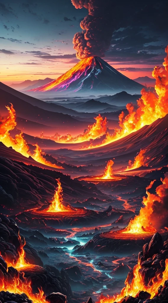 (Best quality,4K,A high resolution,Masterpiece:1.2),Ultra-detailed,(Realistic:1.37) volcano landscape, Huge lava creatures appear, Vibrant colors, Dramatic lighting, intense heat, Soldering rocks, billowing smoke, molten lava, rugged terrain, Towering mountains, Wide sky, Ominous atmosphere, Strong eruption, Dynamic composition, Blazing energy, mind-blowing views, Surreal elements, epic scale, Mesmerizing scene