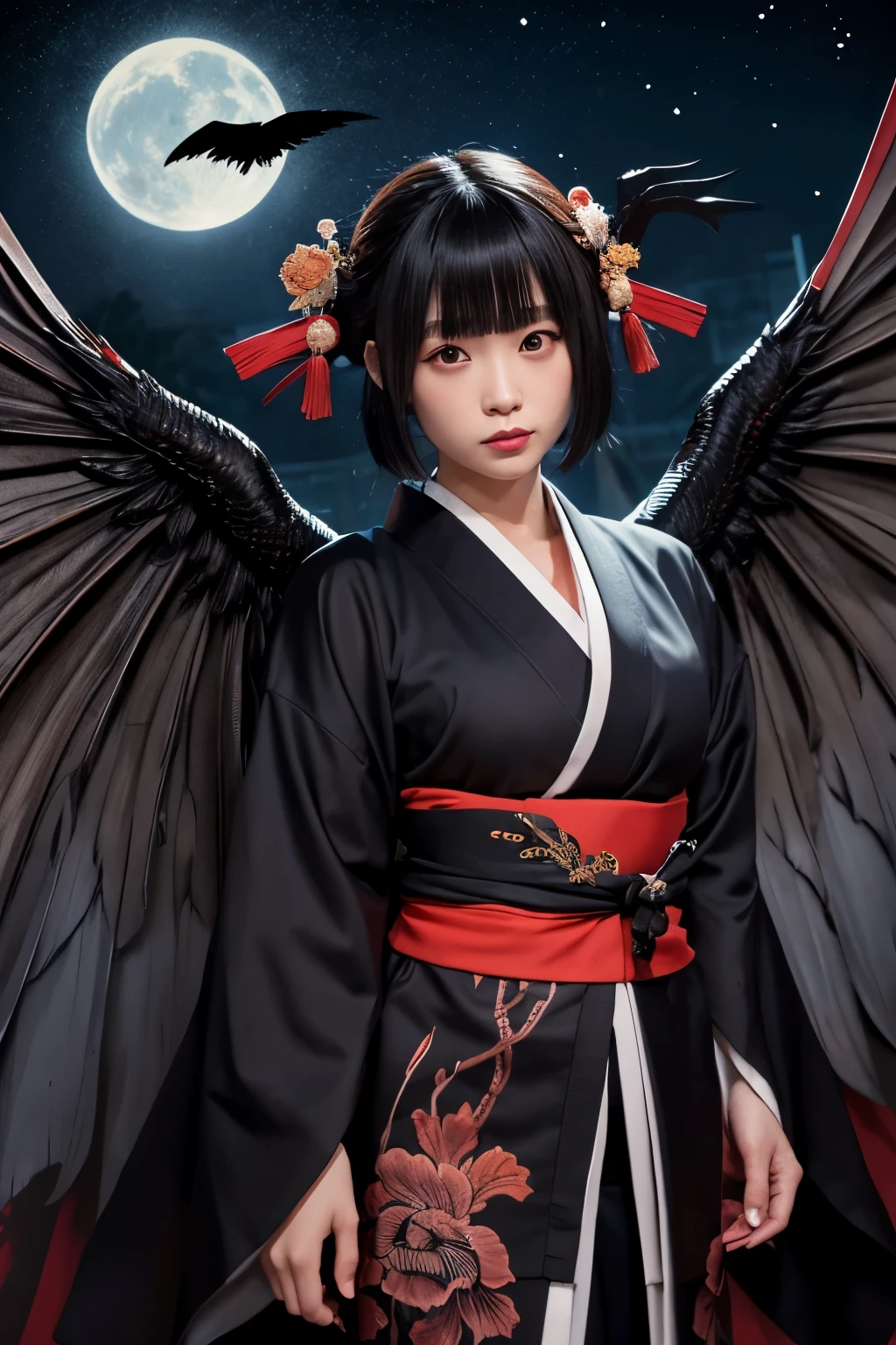 Japanese Yokai/Big Tengu/Real/Horror/Fantasy/Fantasy/dark/Black wings/front/kimono/Iris/Black Hair/The background is a night city/Taisho period