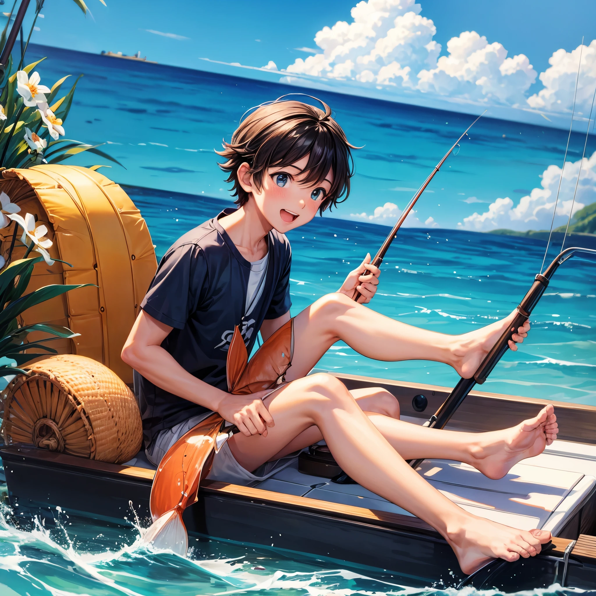summer. Boy fishing from a boat. Sunny. Clear face. Cartoon style.