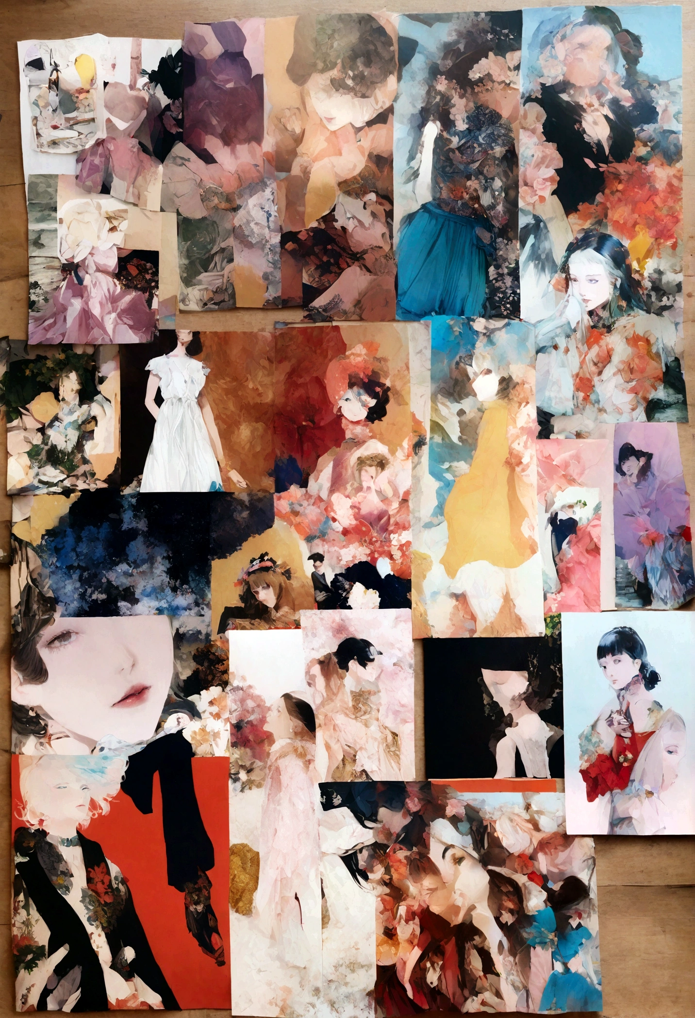 A collage of magazine clippings and fashion images, Arts and Culture. The main colors are varied and contrasting.