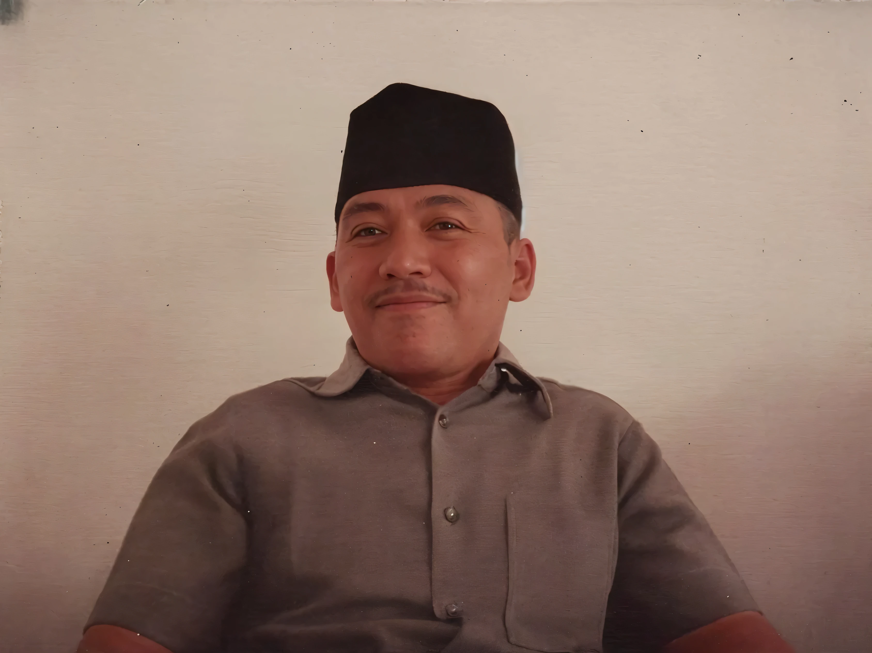 Make this photo look realistic and detailed, arafed man in a hat sitting in a chair, 50 years old man, in 1 9 8 5, photo of a man, a photo of a man, potrait, colorized potrait photograph, very detailed potrait, realistic portrait photo, close up potrait, profile portrait, very detailed face, very realistic face, very perfected face, very detailed clothes, very realistic clothes, very perfected clothes