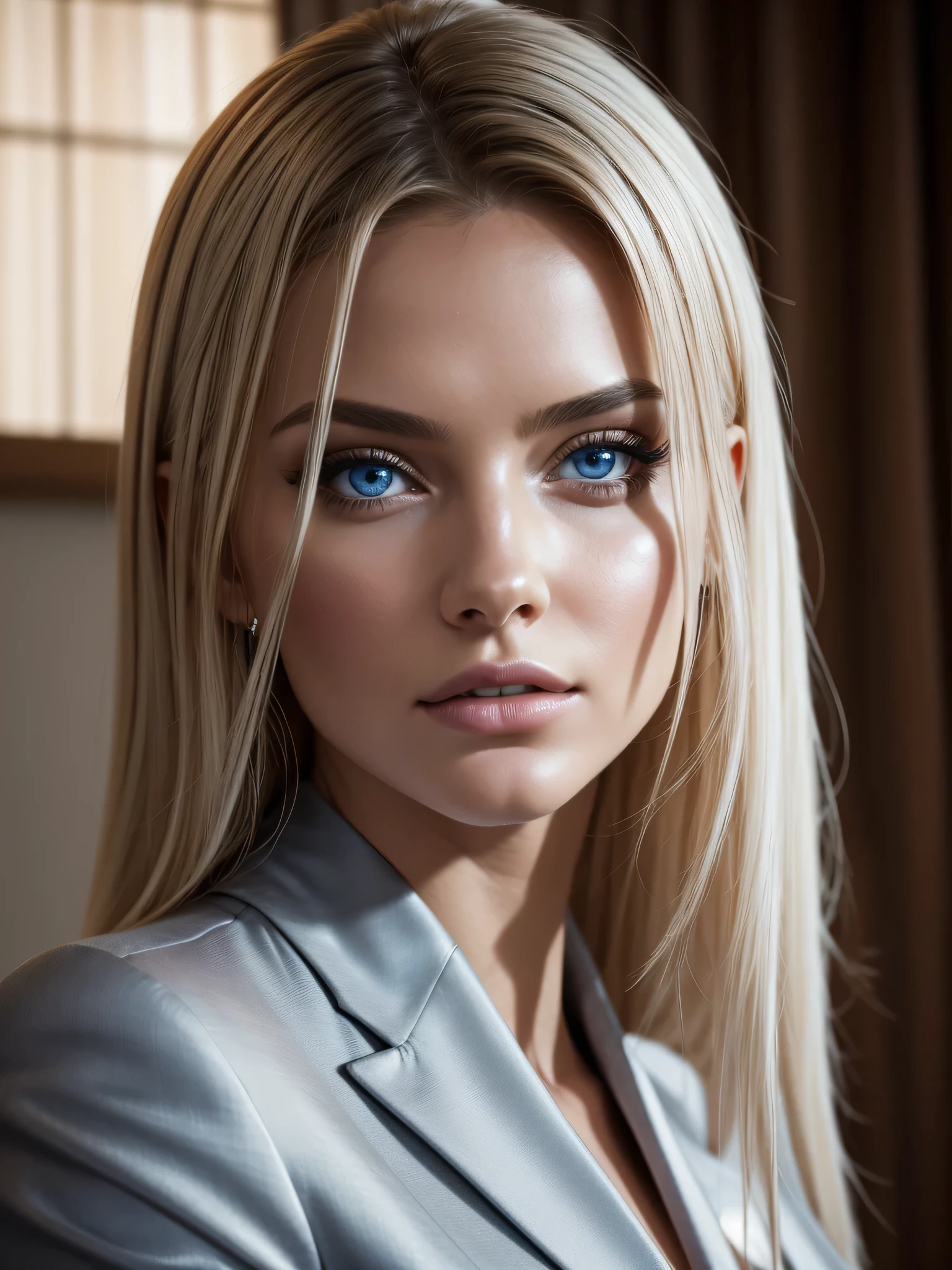 photo professionnelle du corps entier, (photo 4k:1.1) par (Jeremy Lipking:0.3), (Anna Dittmann:0.3), (Marque Ariane:0.3), (sharpness:1.3), High detail, Elegant businesswoman, dress shirt, Classic business suit, Costume noir et blanc, cravate, Costume pour la réunion, cheveux blonds, Yeux bleu clair, Instagram model pose, confiant, fille en forme, gros seins:1.2, anatomie parfaite, Perfect symmetry:1.2, Realistic, Realistic face:1.2, visage parfait, Heureux, confiant, Very detailed, et dramatique, cinema lighting, light scene, lumières douces, an extremely delicate and beautiful, extremely detailed , incroyable, finely detailed, beautiful detailed light blue eyes, 8 000 yeux, very high detail eyes, UltraRealistic eyes