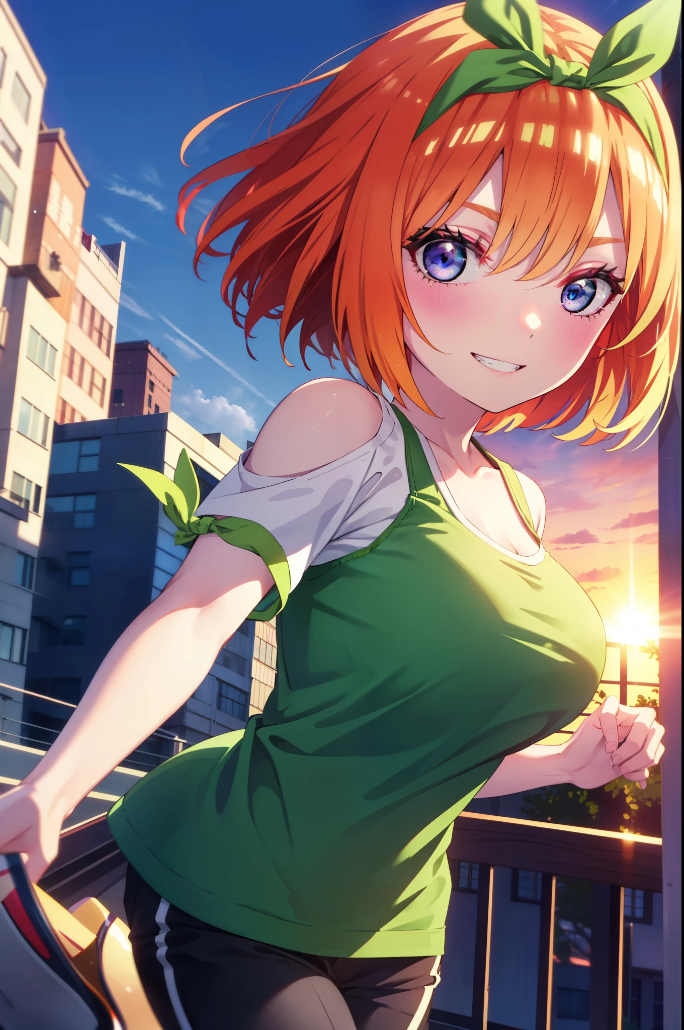 yotsubanakano, yotsuba nakano, bangs, short hair, blue eyes, Hair between the eyes, hair ribbon, hair band, Orange Hair, (Green ribbon:1.5), smile, Grin,Cold shoulder tops,Short sleeve,skinny pants,Stiletto heels,Walking Sunset,evening,The sun is setting,whole bodyがイラストに入るように,
break outdoors, In town,Building district,
break looking at viewer, whole body,
break (masterpiece:1.2), highest quality, High resolution, unity 8k wallpaper, (figure:0.8), (Beautiful fine details:1.6), Highly detailed face, Perfect lighting, Highly detailed CG, (Perfect hands, Perfect Anatomy),