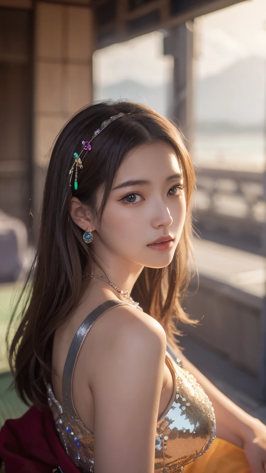 Masterpiece, 4K, bokeh, Photorealistic, high school girl sitting on the beach, (Japanese idle:1.6), Lightbrown long hair, Light brown eyes, Plump breast, Looking at the viewer, Blushed face, Close up, (Silver metallic dress), (Gemstones decoration:1.2, Colorful Gemstones:1.2), (Dress embellished, Sequins), sunset seashore, Beautiful sky and clouds,