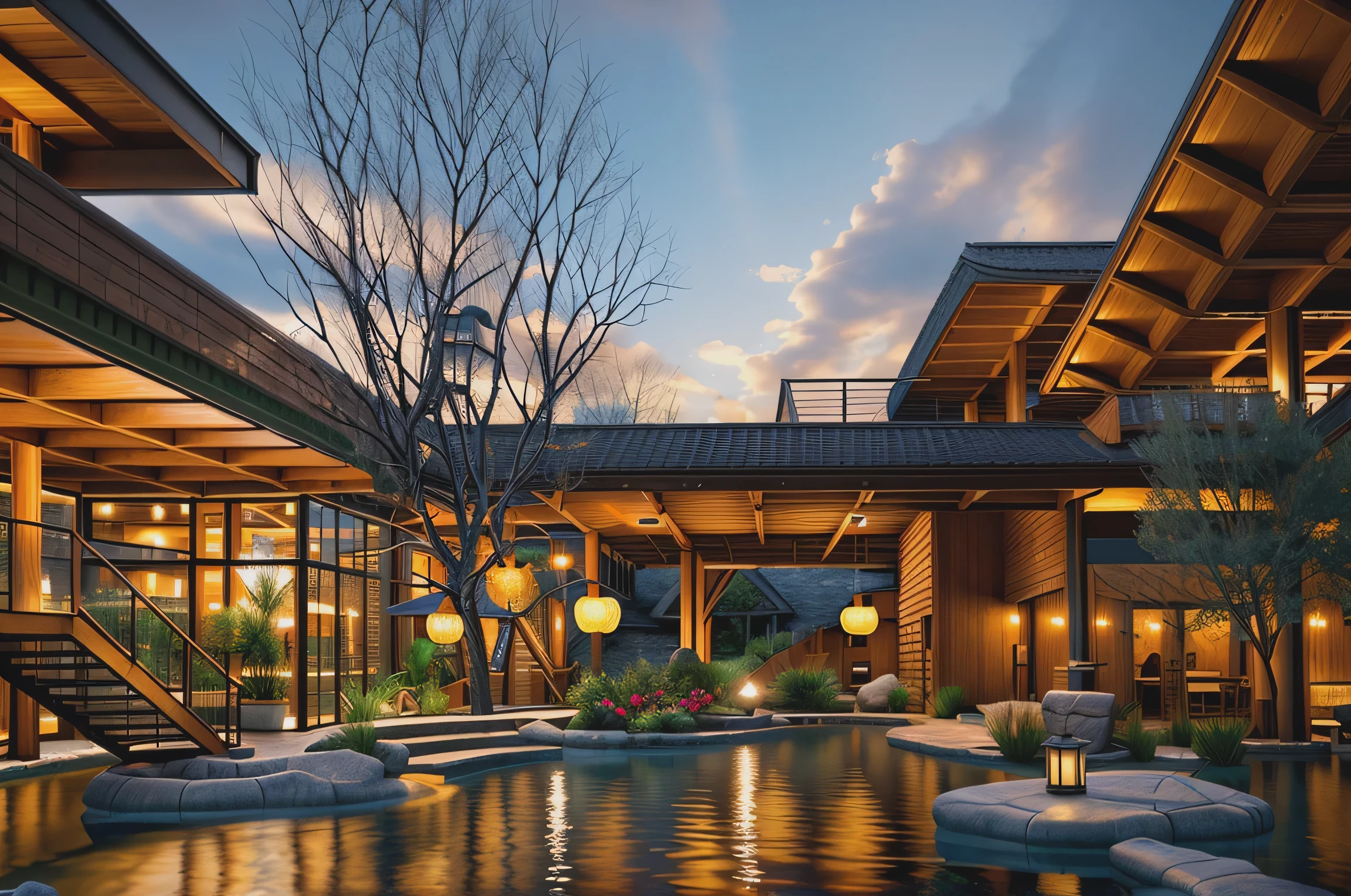 Unparalleled masterpiece, (photorealistic:1.4), best quality, beautiful lighting, warm atmosphire (hot spring), hot tubs in center, (extremely detailed 8k wallpaper), full shot landscape photo of the most beautiful artwork in the world, cloudy sky background lush landscape wooden pavilion and trees
