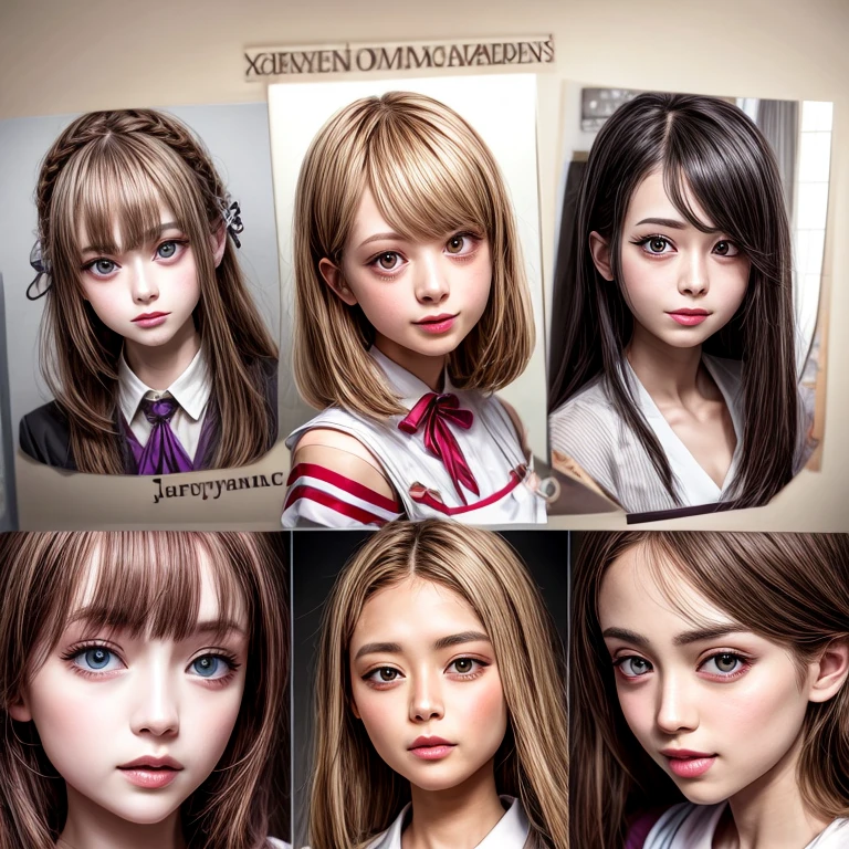 (through wall), SchoolGirls wearing uniforms with white Thongs, Red ribbon, Glistening ivory skin, name plate, no legwear . Character concept art, Different types of hair colors, (((NOGIZAKA face variations))) Extremely Detailed very KAWAII face variations, perfect anatomy, Childish, captivating gaze, elaborate detailed Eyes with (sparkling highlights:1.2), long eyelashes、Glossy RED Lips with beautiful details, Coquettish tongue, Rosy cheeks . { (Dynamic joyful expressions) | :d) }, Random eye color, (large eyes:-1), (Acutance:0.85) .