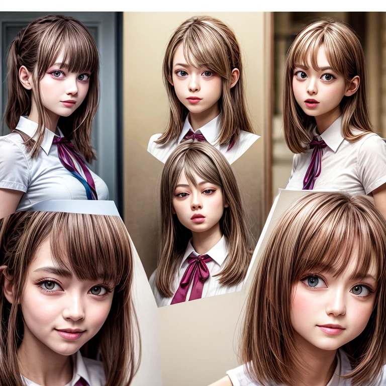 (through wall), SchoolGirls wearing uniforms with white Thongs, Red ribbon, Glistening ivory skin, name plate, no legwear . Character concept art, Different types of hair colors, (((NOGIZAKA face variations))) Extremely Detailed very KAWAII face variations, perfect anatomy, Childish, captivating gaze, elaborate detailed Eyes with (sparkling highlights:1.2), long eyelashes、Glossy RED Lips with beautiful details, Coquettish tongue, Rosy cheeks . { (Dynamic joyful expressions) | :d) }, Random eye color, (large eyes:-1), (Acutance:0.85) .