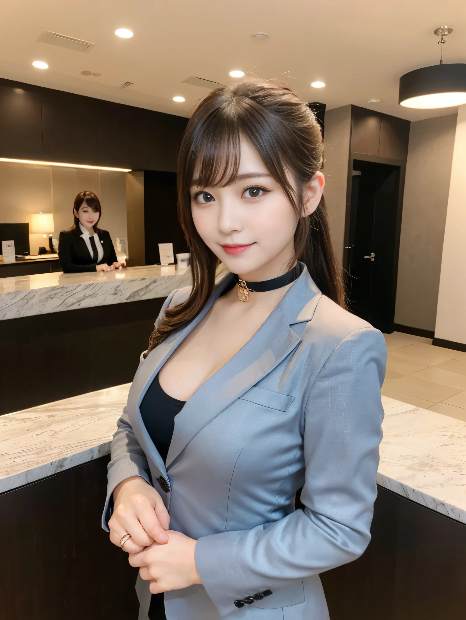 Tabletop, highest quality, Very detailed, finely, High resolution, 8k wallpaper, Perfect dynamic composition, Beautiful and beautiful eyes, Natural Lip,blazer , Dark blue business suit , Big Breasts, whole body , Black choker , parlor , Natural Makeup, beauty secretary , smile, Japanese women , bangs , ponytail、I work at the hotel reception.、hotel lobby