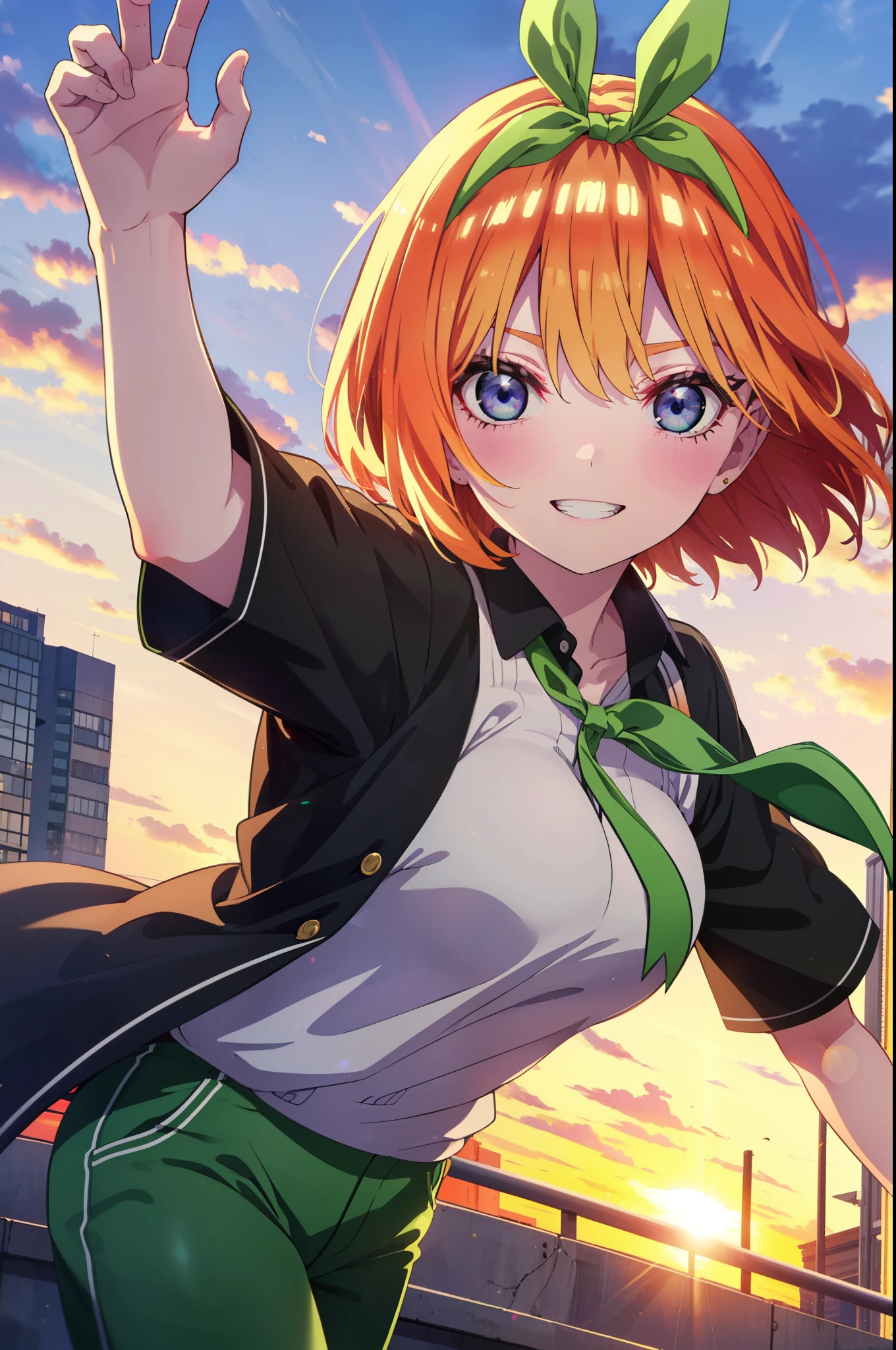 yotsubanakano, yotsuba nakano, bangs, short hair, blue eyes, Hair between the eyes, hair ribbon, hair band, Orange Hair, (Green ribbon:1.5), smile, Grin,Cold shoulder tops,Short sleeve,skinny pants,Stiletto heels,Walking Sunset,evening,The sun is setting,whole bodyがイラストに入るように,
break outdoors, In town,Building district,
break looking at viewer, whole body,
break (masterpiece:1.2), highest quality, High resolution, unity 8k wallpaper, (figure:0.8), (Beautiful fine details:1.6), Highly detailed face, Perfect lighting, Highly detailed CG, (Perfect hands, Perfect Anatomy),