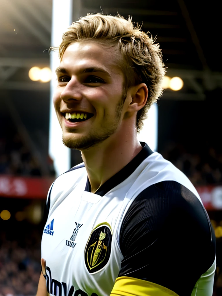 Belgian soccer striker. 20 years old. Short curly hair. Short cut. Blonde. Strong chin. Smiling. Dramatic light. Male. Black jersey. Masterpiece, best quality, 4k, celebrating goal, fantastic goal. very detailed. Male.