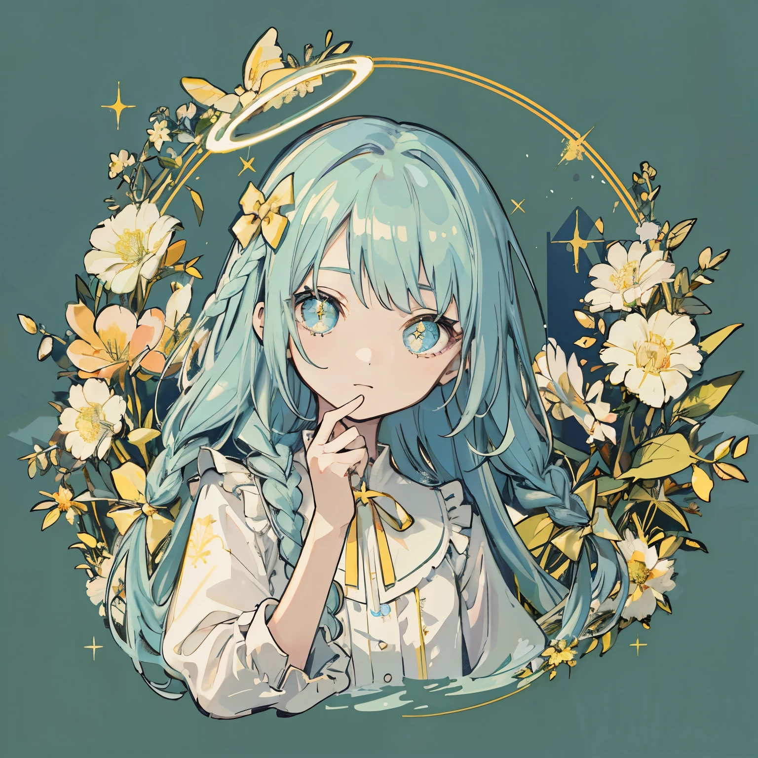Mimosa、Braided Hair、Long Hair、Ribbon braided in hair、Yellow ribbon、Angel Halo、Frilled shirt、Flat avatar、Deformation、Sparkling、Mini character、High quality、Jewel Eyes、Hand-drawn illustrations