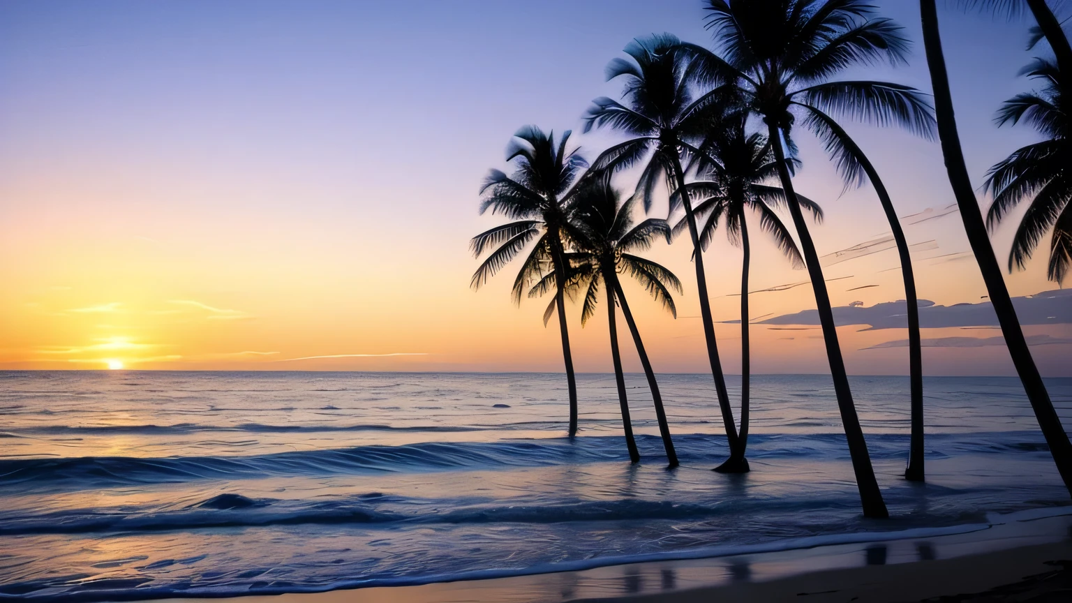 Sunset moon night Ocean Palm tree