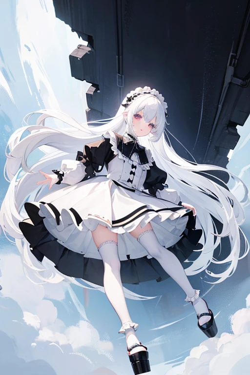 The cutest pure white albino idol in the world。Pure white hair。Pure white skin。Pure white gothic ta dress。Pure white knee-high socks。White platform loafers。A world where there is no color other than white