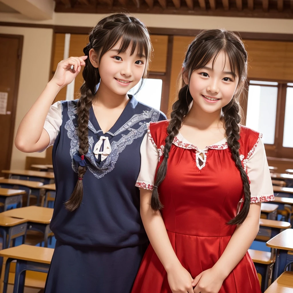 (Two elementary school students)、Young face、(Looking at me with a smile)、Female in her early teens、(Big Breasts)、classroom、Angle from below、(Nobody background)、(whole body)、Braid、Temptation Pose、(Cowboy Shot)、Red Chinese Dress