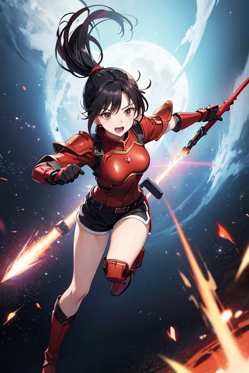 Anime drawings、Full body portrait、Red Infantry of Space SF、A woman around 17 years old, about 155cm tall, wearing red armor and shorts, running with a long spear、Bullish expression、Open mouth and screaming、Hairstyle: short ponytail、Black Hair、Dark Eyes、Short boots