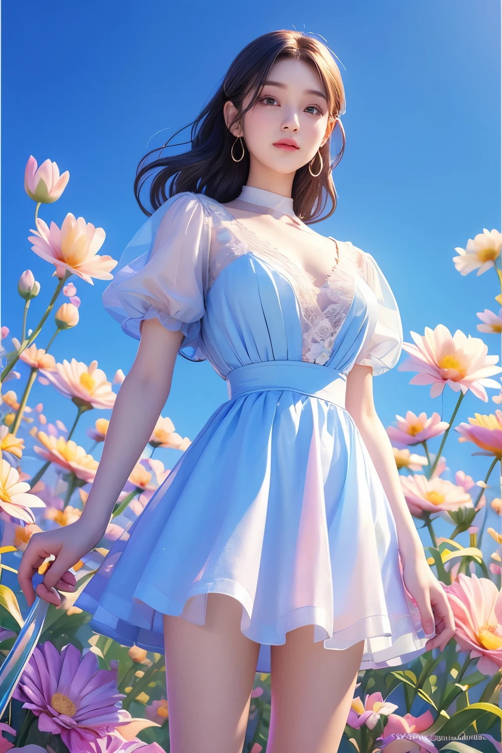 movie 사진 솔로,1 woman,,BJ_Alice,lace-trimmed_skirt,two tone_legwear, Neat short sleeve dress, flat chest,(colored hair:0.1),The beauty stands on the flowers,The facial details are perfect.,Wow, the character details are so nice.,trendy portrait,bright colors,clean background,Panorama,large aperture,pop mart production,delicate luster,8K gradient translucent glass melt,frosted glass,masterpiece, best quality,, hyperreal,realistic,16,000,high detail,high resolution . 35mm photo, movie, bokeh, professional, 4K, very detailed