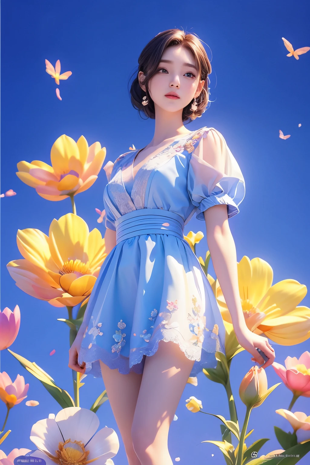 movie 사진 솔로,1 woman,,BJ_Alice,lace-trimmed_skirt,two tone_legwear, Neat short sleeve dress, flat chest,(colored hair:0.1),The beauty stands on the flowers,The facial details are perfect.,Wow, the character details are so nice.,trendy portrait,bright colors,clean background,Panorama,large aperture,pop mart production,delicate luster,8K gradient translucent glass melt,frosted glass,masterpiece, best quality,, hyperreal,realistic,16,000,high detail,high resolution . 35mm photo, movie, bokeh, professional, 4K, very detailed