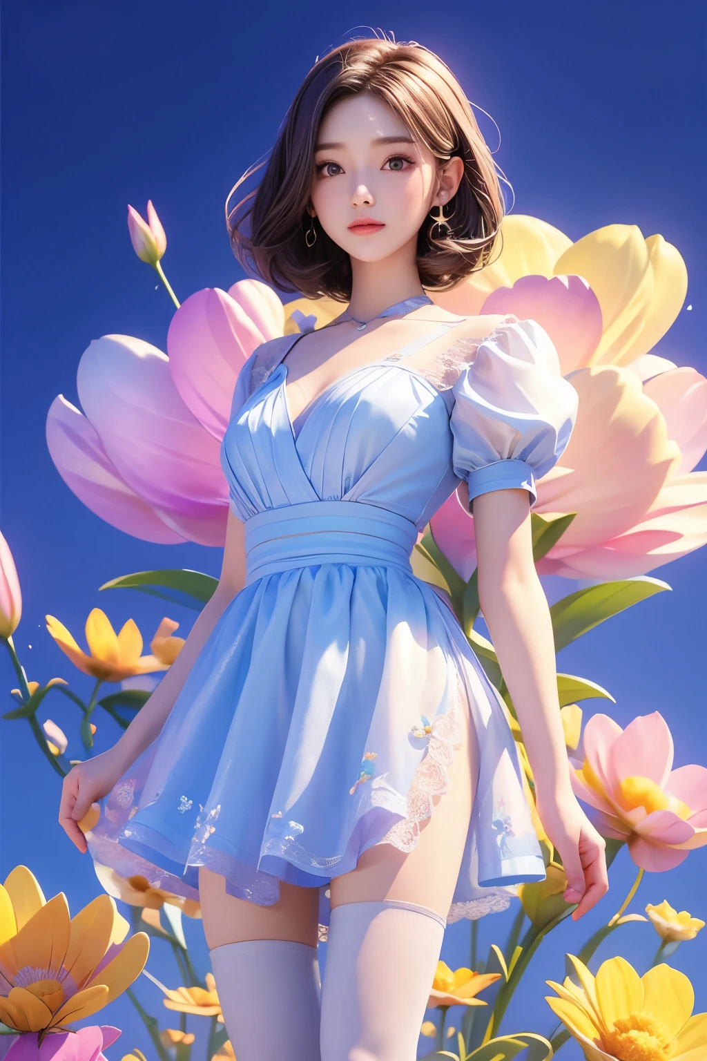 movie 사진 솔로,1 woman,,BJ_Alice,lace-trimmed_skirt,two tone_legwear, Neat short sleeve dress, flat chest,(colored hair:0.1),The beauty stands on the flowers,The facial details are perfect.,Wow, the character details are so nice.,trendy portrait,bright colors,clean background,Panorama,large aperture,pop mart production,delicate luster,8K gradient translucent glass melt,frosted glass,masterpiece, best quality,, hyperreal,realistic,16,000,high detail,high resolution . 35mm photo, movie, bokeh, professional, 4K, very detailed
