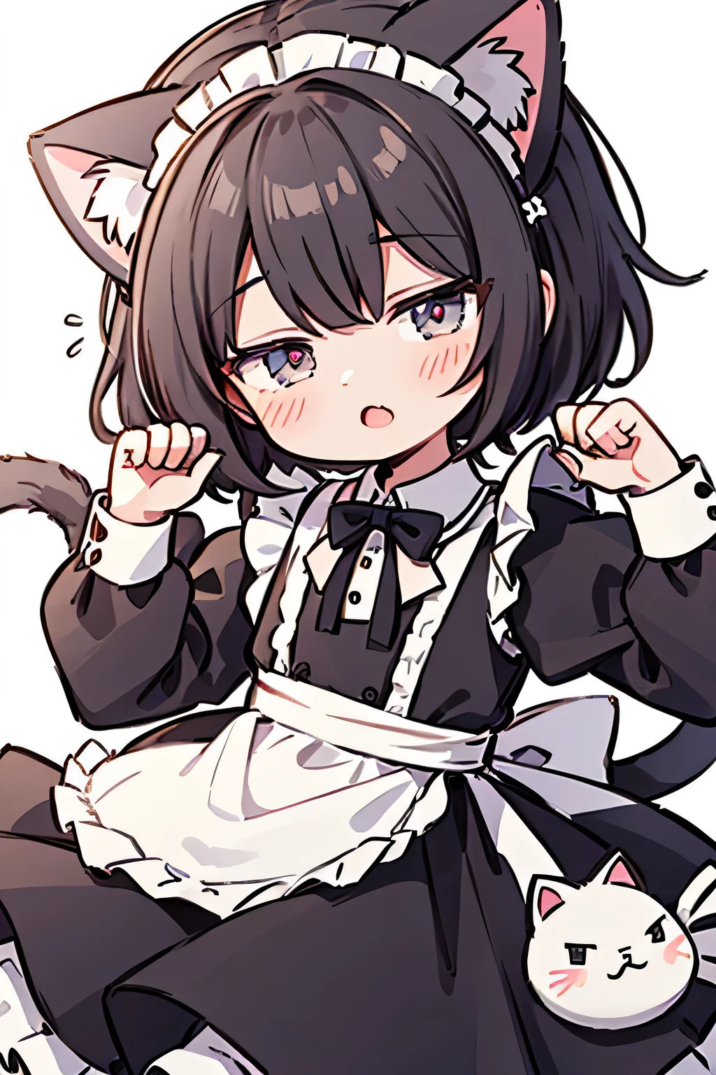 1 boy from Maid clothes, Shota, Cat ear、Cat's Tail,, With confidence, (masterpiece), highest quality, Expressive eyes, Perfect Face, smile, Open your mouth, Full Color, detailed, 8K, 4k, High resolution, Symmetric, Extraordinary cuteness, Best aesthetics, school uniform cute Light blue hair Odd Eye Maid clothes pants