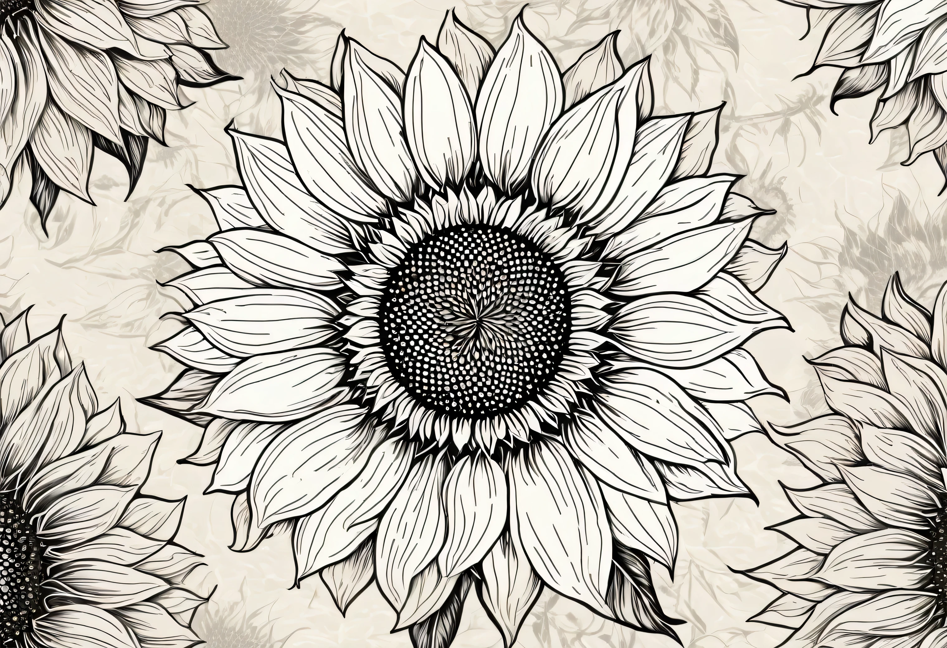 grey sunflower in monochrome colors, seamless grunge textured sunflower drawing pattern on beige and white textured background,High resolution 8k