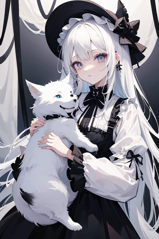 Albino 。Wearing a Gothic Lolita dress。He is holding a large husky in his arms.。Everything is pure white。The dress is also white。My hair is white too。Shoes too、Skin too、The dress is also white