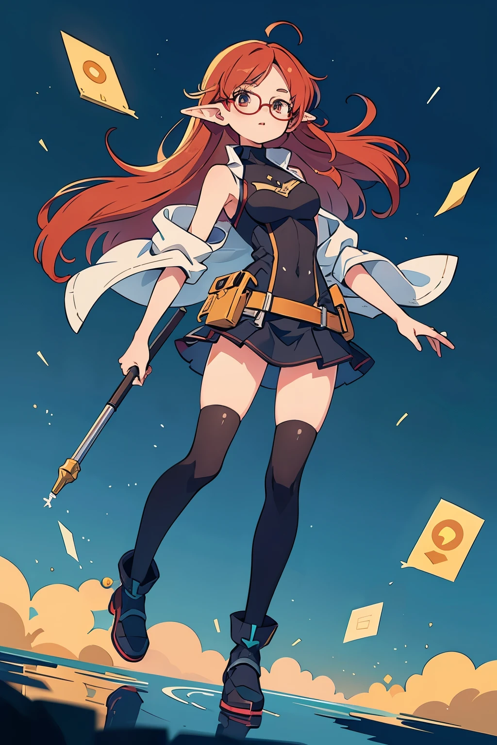Black-rimmed glasses,Create an anime-style illustration of a girl with an engineering motif. She should have striking red hair, exuding intelligence and creativity, and elven features such as pointed ears. Her attire should be slightly more revealing yet tasteful and professional, such as a sleeveless fitted jacket with a deeper neckline, a short skirt, and perhaps some thigh-high stockings. Ensure the illustration depicts her entire body in a gravity-defying pose, conveying confidence and competence. Include elements like a tool belt or engineering equipment to emphasize the theme. Her expression should be friendly and approachable, inviting visitors to engage with the site. The design should balance professionalism with an appealing aesthetic, reflecting a confident and empowered portrayal.The whole body is depicted so that it fits within the screen.,