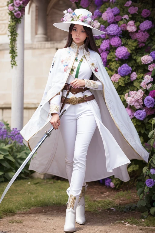 Female knight full body,Holding a sword in his right hand,She is wearing a white floral hat, but one eye is hidden.,He is wearing a white suit with a floral pattern, white trousers and a green vest, and his stomach is visible.,She is wearing a floral cloak and white boots.