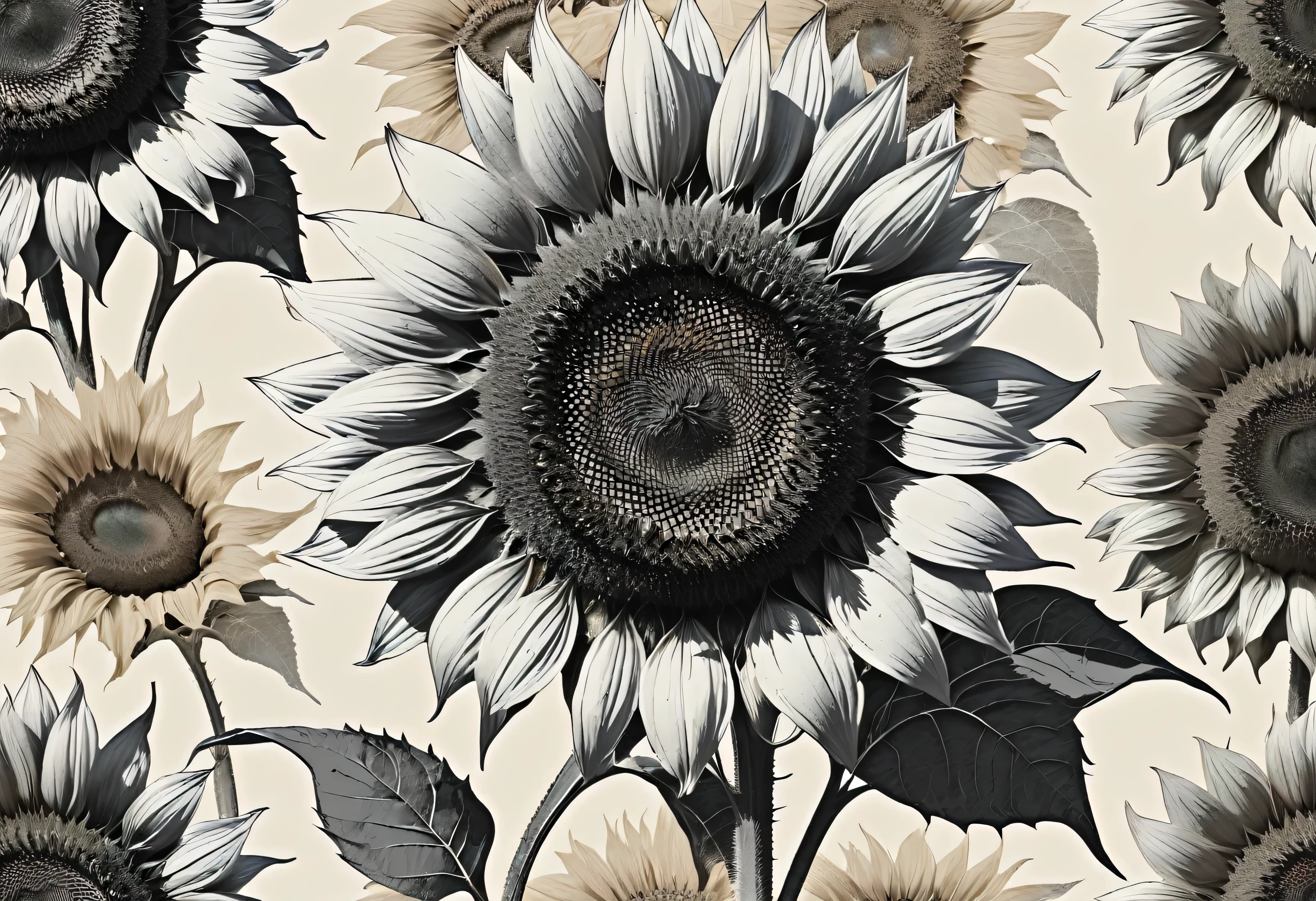 grey sunflower in monochrome colors, seamless grunge textured sunflower drawing pattern on beige and white textured background,High resolution 8k