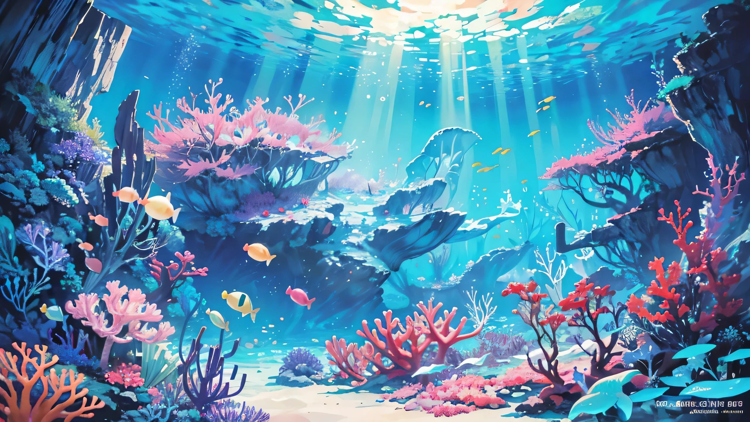Underwater scene, Vibrant coral reefs, Tropical fish swimming in water, Sunlight shines through the water, Sparkling waves, Colorful marine life, Fish School, Elegant turtles, Glittering shells, Beautiful movements, Peace and tranquility, Ethereal Beauty, Bright colors, realistic details, Deep in the Ocean, Crystal clear, Fascinating underwater world, Fascinating underwater plants, Mysterious shadows, Gentle water flow, Hidden treasure, Sparkling veiled anemone, The intricate seabed, Soft sand, Elegant swaying seaweed, Playful dolphins, Strange Creatures, Peaceful atmosphere, A vibrant marine ecosystem, Surreal underwater landscape, Glittering bioluminescence, calm silence, Amazing underwater adventure. (best quality, High resolution, Extremely detailed:1.2), HDR lighting, vibrant color palette.
