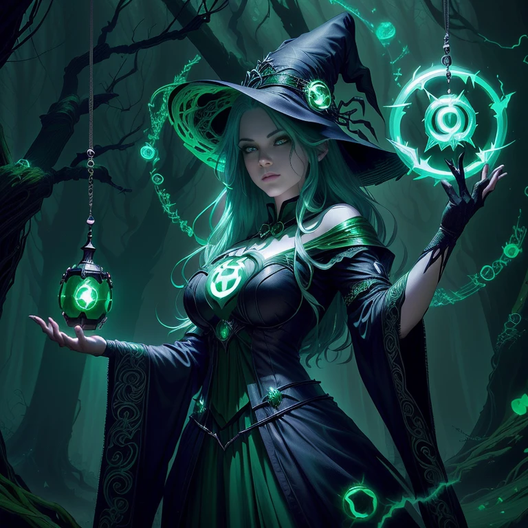 Witches in the forest，With a glowing green lantern, dark Fantasy style art, Dark Fantasy Artwork, 2. 5D CGI anime fantasy artwork, dark fantasy illustration, Dark Fantasy Art, detailed Digital 2D fantasy art, in style of Dark Fantasy Art, Digital 2D fantasy art, Jeff Easley 和 Ross Tran, Fantasy style art, gothic fantasy art