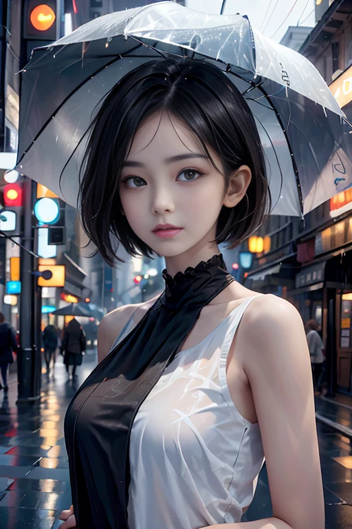 1 girl , short hair, Upper Body, rain , Street View.
