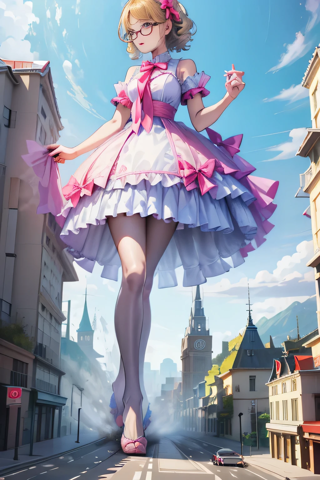 giantess art, highly detailed giantess shots, giantess, Two legs, Five fingers, short hair, super giant princess, A beautiful girl who is bigger than any skyscraper, Wearing rimless glasses, Big Breasts, White gorgeous dress, White Pantyhose, white pantyhose, White stiletto sandals, toes visible through pantyhose, Destroying cities, A very small big city, Miniature metropolis, Full body description, GTS, giga giantess, stomping city, crash city, tiny city, micro city, pantyhose feet, High resolution, highest quality, masterpiece, princess dress,
