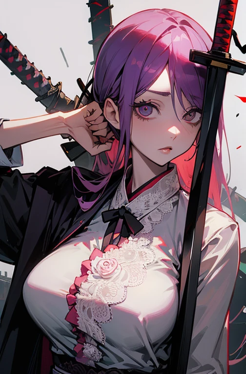Cool women、sexy、Center of chest、Rize from Chainsaw Man、beauty、yandere、Samurai sword in hand、Japanese sword in hand、Lace clothes、