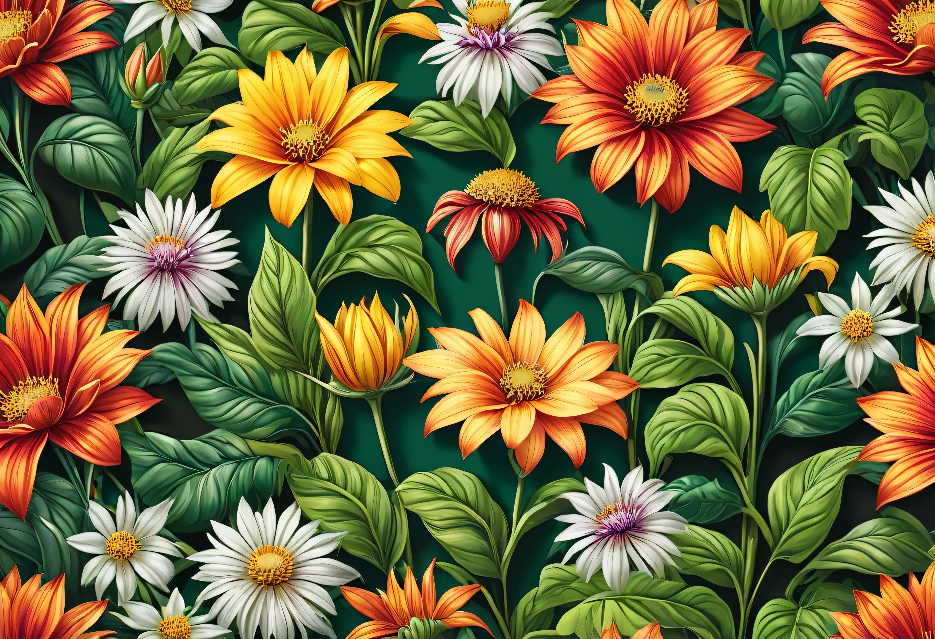seamless floral vector pattern, high resolution 8k, colorful flowers, detailed botanical illustration, intricate design, lush greenery, elegant composition, seamless repeating pattern, digital art, vector graphic, photorealistic, (best quality,8k,highres,masterpiece:1.2),ultra-detailed,(realistic,photorealistic,photo-realistic:1.37),vibrant colors, natural lighting, studio lighting, fine details, seamless tiling, botanical, nature inspired, elegant, sophisticated