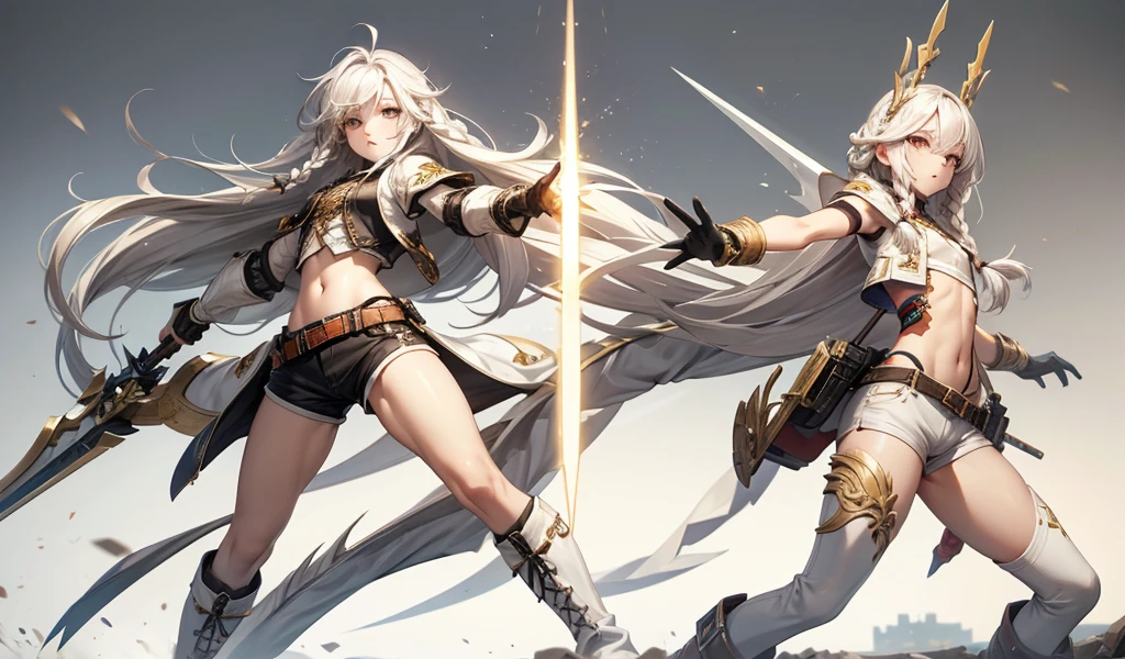 White long hair, braids, off-white skin, neutral,flat chest,Very slim figure,dragon tattoo,Vest,Bare waist,shorts,Thin legs,boots,Spear gun,medieval european city