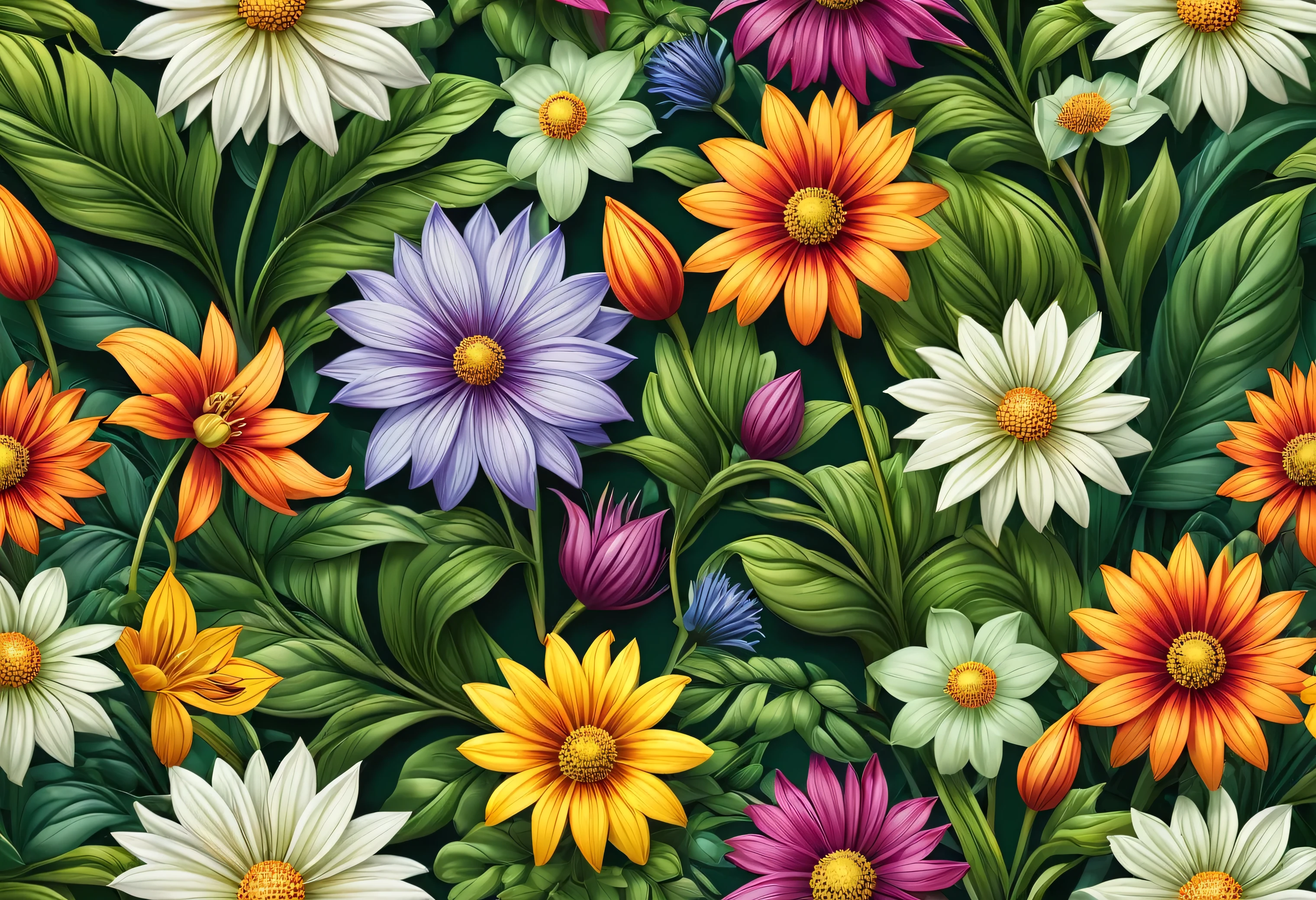 seamless floral vector pattern, high resolution 8k, colorful flowers, detailed botanical illustration, intricate design, lush greenery, elegant composition, seamless repeating pattern, digital art, vector graphic, photorealistic, (best quality,8k,highres,masterpiece:1.2),ultra-detailed,(realistic,photorealistic,photo-realistic:1.37),vibrant colors, natural lighting, studio lighting, fine details, seamless tiling, botanical, nature inspired, elegant, sophisticated