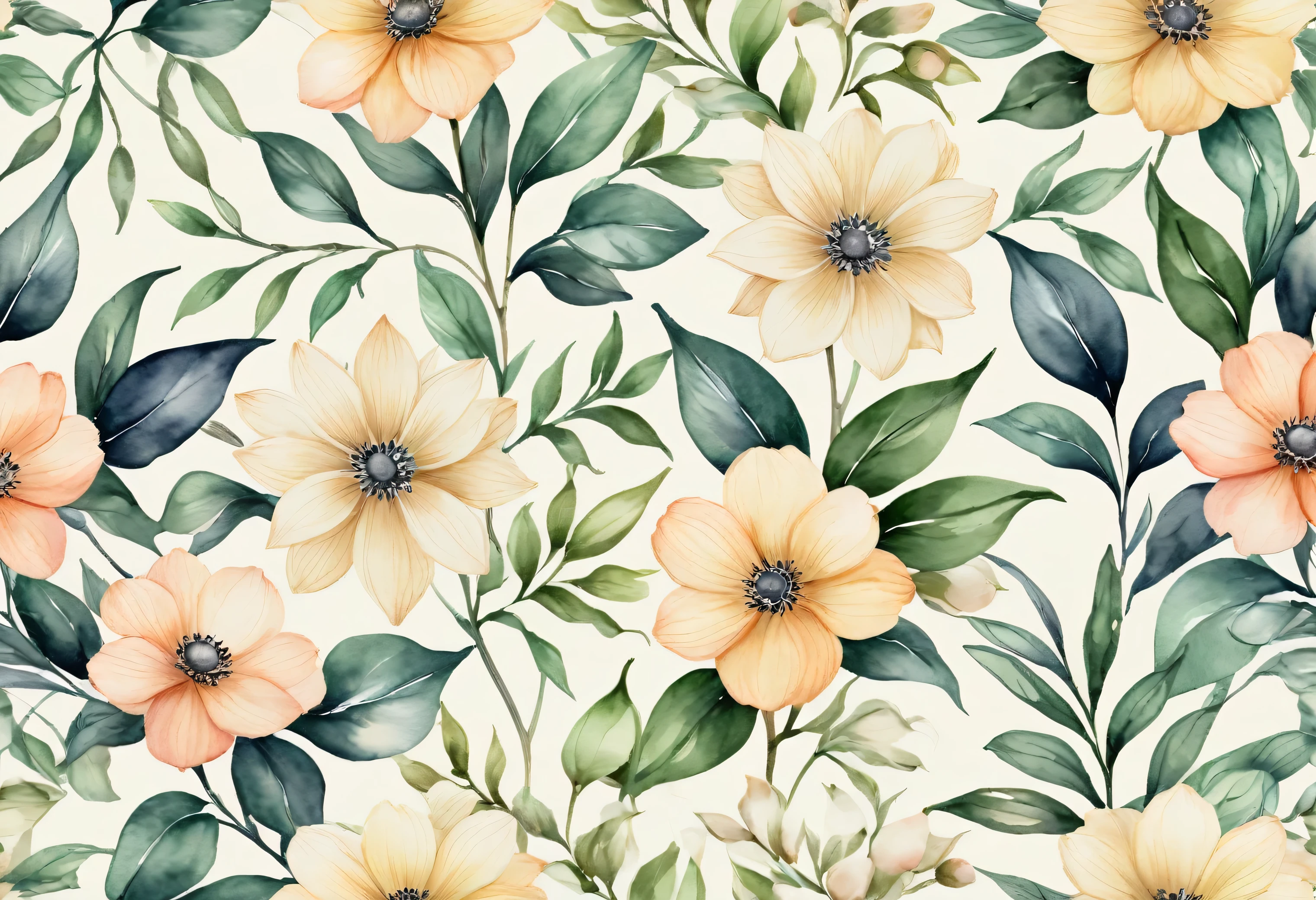 delicate watercolor flowers,delicate watercolor leaves,vintage floral seamless pattern,hand drawn illustration,nostalgic pattern,ivory color background,high resolution,8k,best quality,4k,ultra-detailed,realistic,photorealistic,vivid colors,botanical,nature,floral,feminine