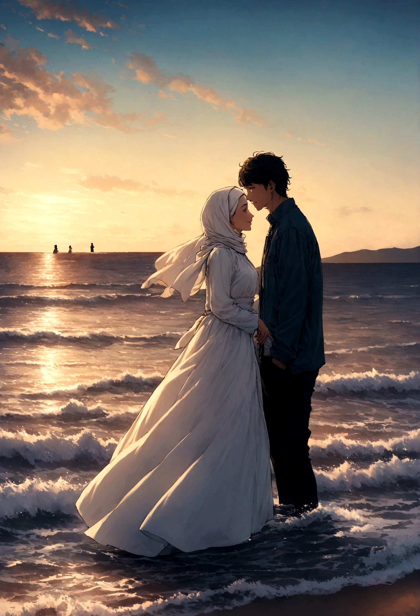 there are two people standing on the beach with a kite in the sky, in a sea, at the sea, happy couple, background is heavenly, on the ocean water, muslim, couple, by Basuki Abdullah, the ocean in the background, taken with canon eos 5 d, white hijab, full protrait, full lenght shot, ocean in the background