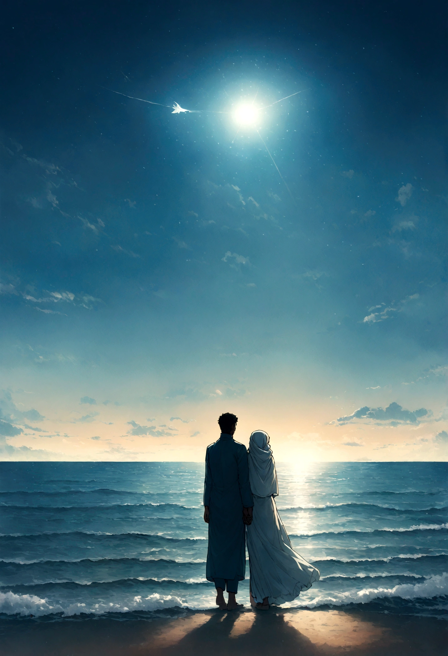 there are two people standing on the beach with a kite in the sky, in a sea, at the sea, happy couple, background is heavenly, on the ocean water, muslim, couple, by Basuki Abdullah, the ocean in the background, taken with canon eos 5 d, white hijab, full protrait, full lenght shot, ocean in the background