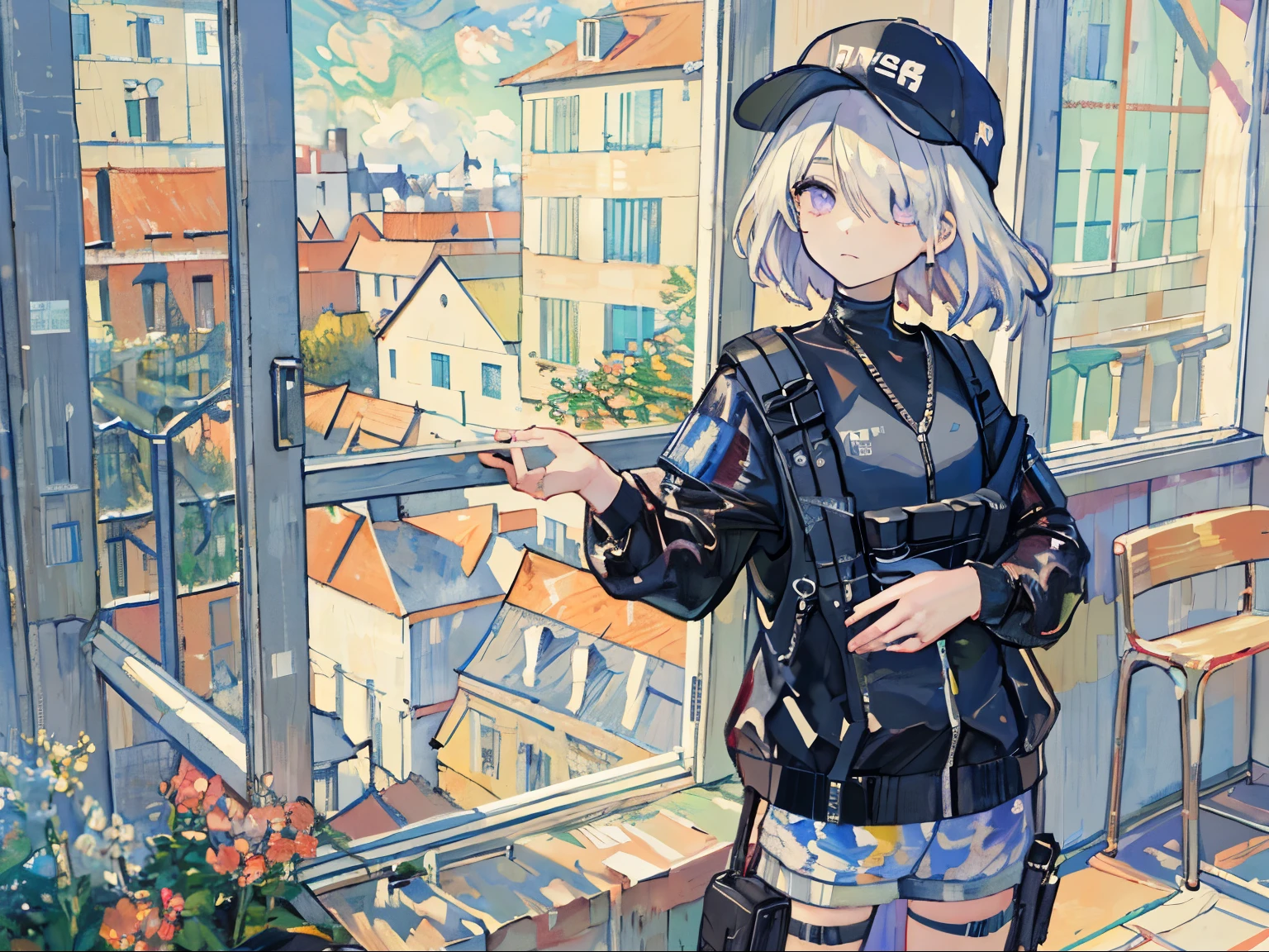 masterpiece, highest quality, 4K, Ultra-high resolution, mishoujo, Painting, Beautiful eyes and fine face, figure, Beautiful details, high resolution figure, Shine_white_particle, One girl, white hair, Light purple eyes, Hair on one eye, Short side details, Baseball cap,Expressionless, Window Shades, Black jacket, Chest Rig, cyber punk, Techwear,(Impressionism:1.4), Vincent van Gogh