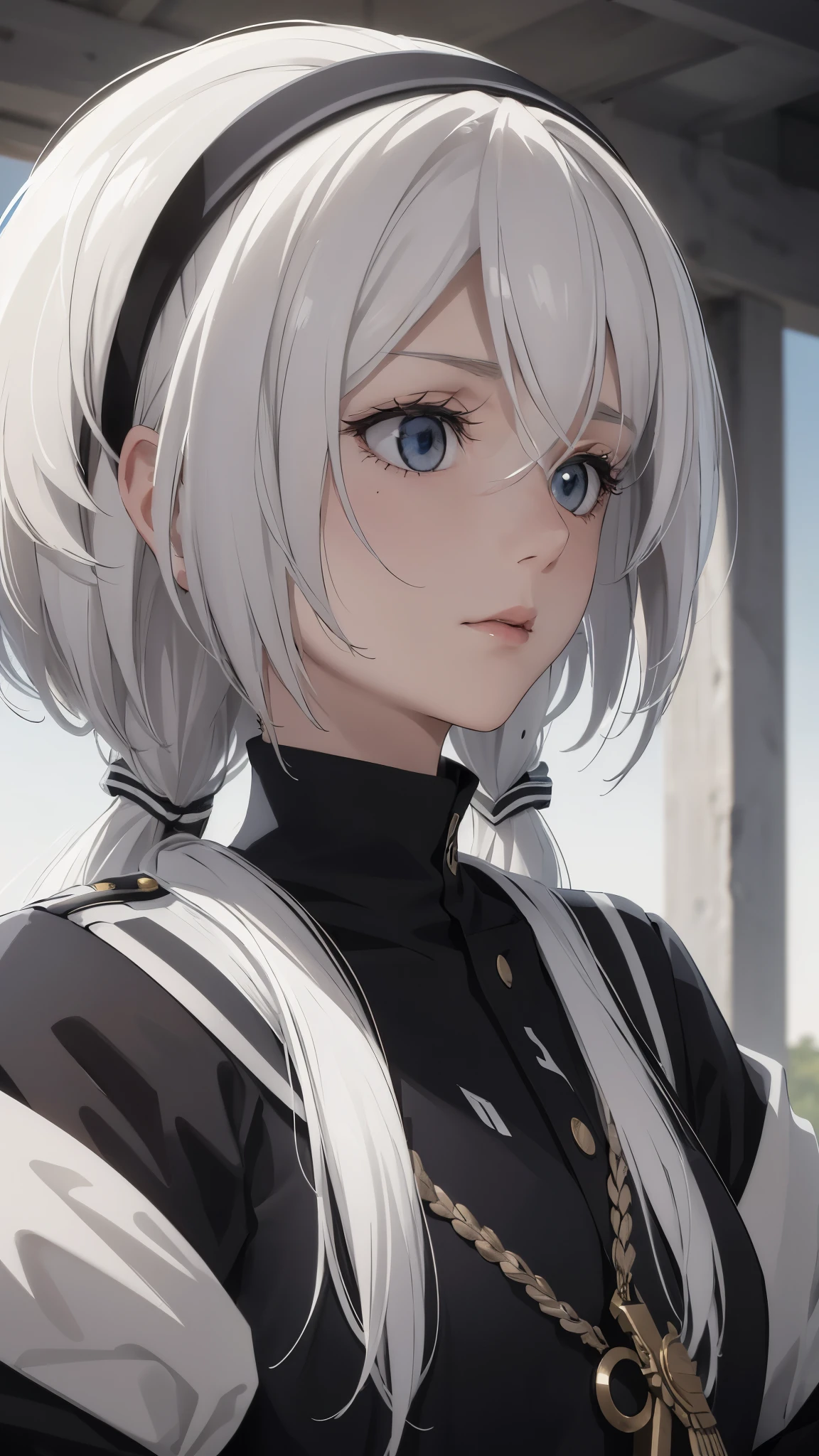 (extremely detailed CG unity 8k wallpaper), (masterpiece), (best quality), (ultra-detailed), (best illustration), (best shadow), (absurdres), 2b, 1girl, long hair, white hair, solo, Intimidating women, admiral uniform, night, hero pose, white clothes, General Uniform, Military Uniform, Sunlight, exposed to sunlight,commander, fighting pose, tired face, bleeding