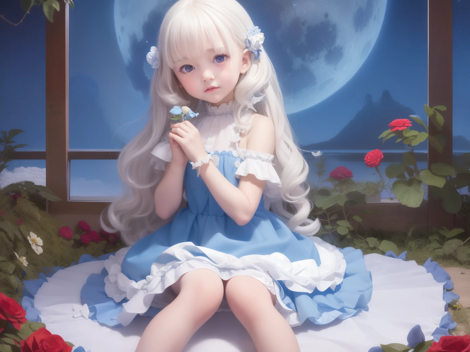 A very cute and innocent 7-year-old girl, Curly white hair and a pretty blue frilly dress, Surrounded by large white and red roses, Under the night with the stars and the big blue moon overhead.
