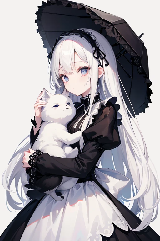 Albino 。Wearing a Gothic ta dress。He is holding a large husky in his arms.。Everything is pure white。The dress is also white。My hair is white too。Shoes too、Skin too、The dress is also white。Her face is kind and cute with slightly droopy eyes.。Really cute。Princess。