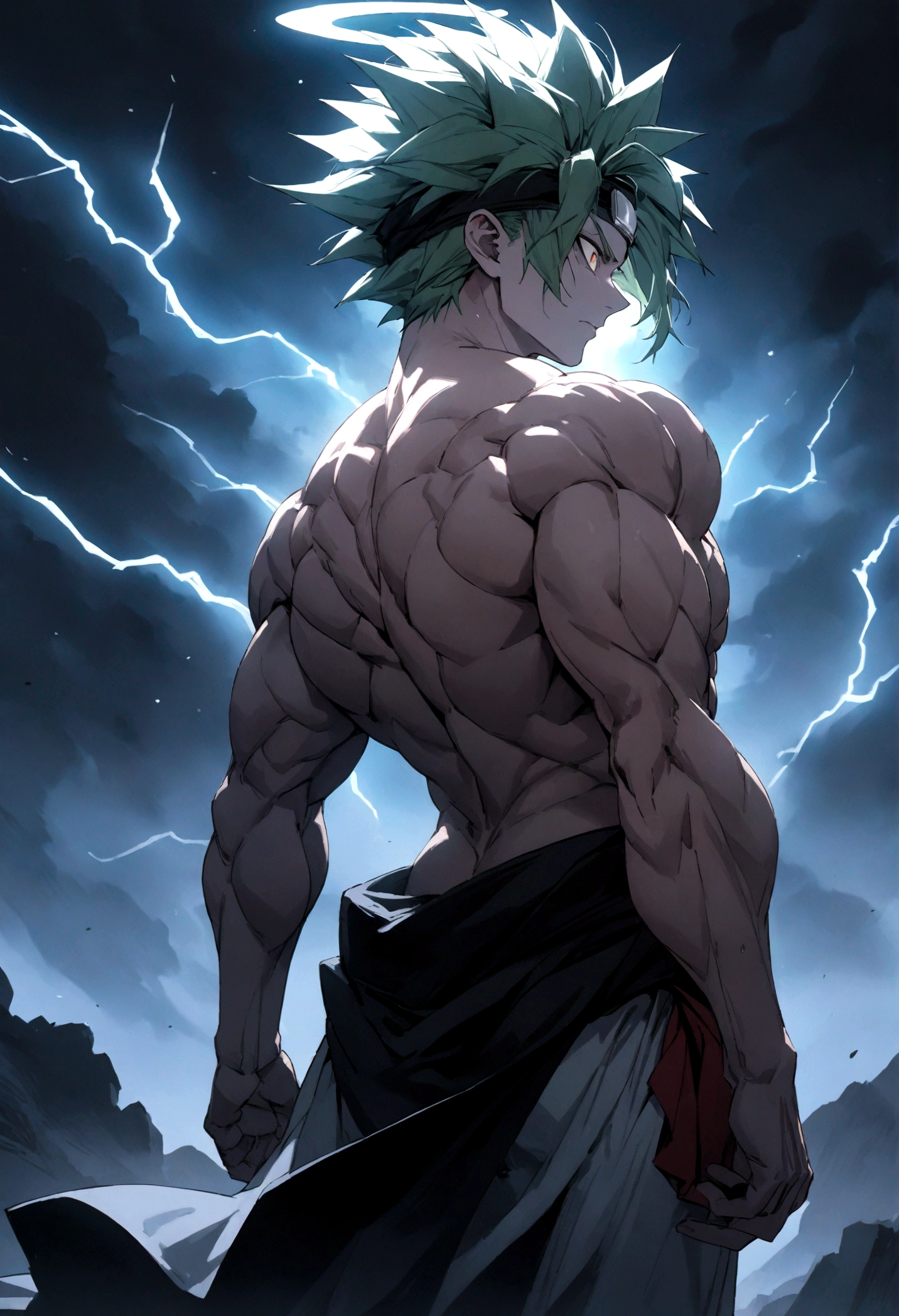 "(Best Quality,4K,8k,High resolution,masterpiece:1.2),Ultra-detailed,, Manga art wearing a headband、whole body、Forehead protector、Intense thunder、Stormy Night、male, Ivory skin, Thor、whole body、Wear a red loincloth around your waist、Green Hair、White trousers、Super Saiyan、Messy hair, green, spiky hair, sharp eyes, Grey Iris, Wear a black coat,  Naked torso, Muscular body, Sports Body, Sharp jaw line, Glare, Cold and mysterious personality, whole body, Sports Body, 8k, detailed feature, Very handsome, Dreamy look, Bright lighting, Lightning Background, Intense thunder、Stormy Night、whole body、Gives off an intense aura、Halo on your back