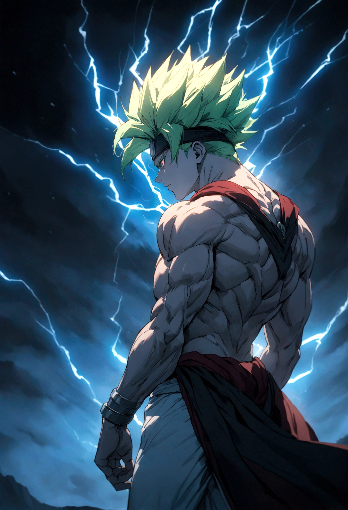 "(Best Quality,4K,8k,High resolution,masterpiece:1.2),Ultra-detailed,, Manga art wearing a headband、whole body、Forehead protector、Intense thunder、Stormy Night、male, Ivory skin, Thor、whole body、Wear a red loincloth around your waist、Green Hair、White trousers、Super Saiyan、Messy hair, green, spiky hair, sharp eyes, Grey Iris, Wear a black coat,  Naked torso, Muscular body, Sports Body, Sharp jaw line, Glare, Cold and mysterious personality, whole body, Sports Body, 8k, detailed feature, Very handsome, Dreamy look, Bright lighting, Lightning Background, Intense thunder、Stormy Night、whole body、Gives off an intense aura、Halo on your back