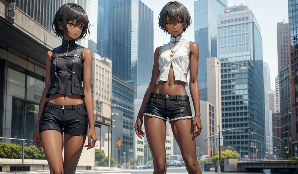 Gray short hair dark skin neutral，flat chest，Very slim figure，Vest，Bare waist，shorts，Thin legs，City