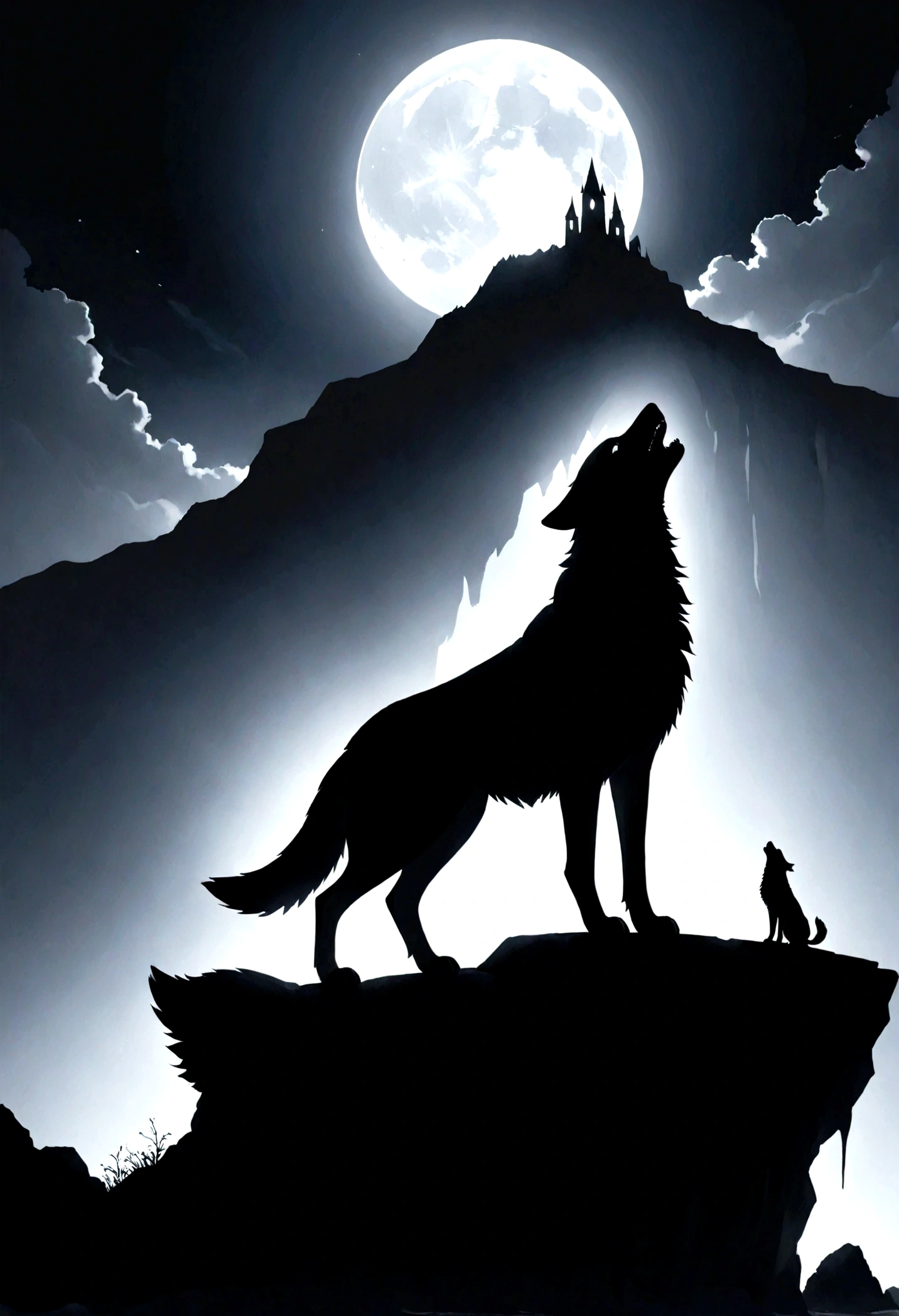 White silhouette design of a single wolf,Silhouette on the edge of a cliff,Wolf howl:1.5,Black Background,Beautiful silhouette,Biologically correct