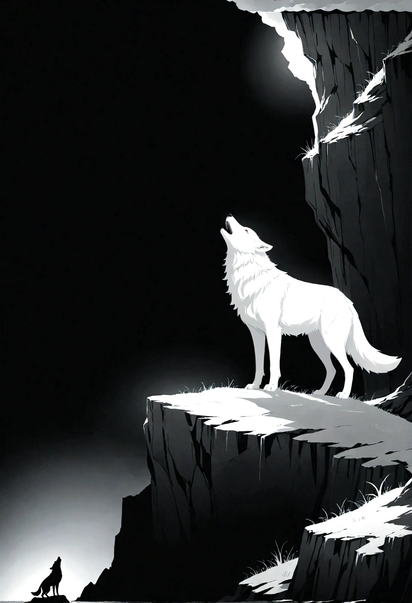 White silhouette design of a single wolf,Silhouette on the edge of a cliff,Wolf howl:1.5,Black Background,Beautiful silhouette,Biologically correct
