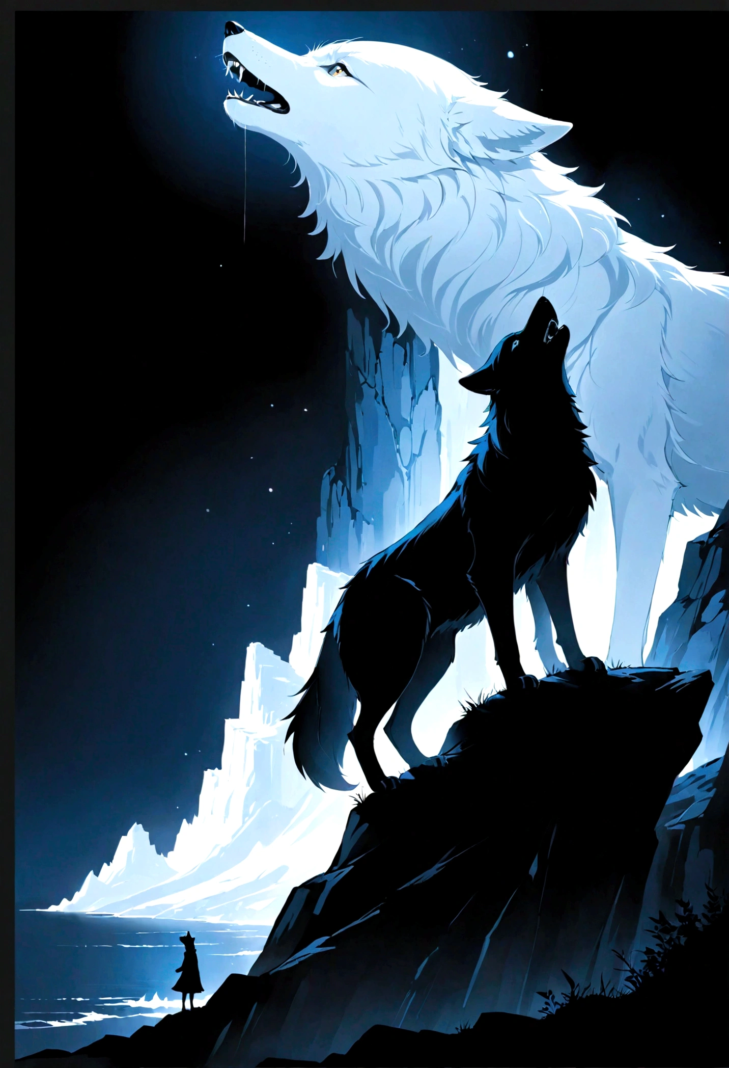 White silhouette design of a single wolf,Silhouette on the edge of a cliff,Wolf howl:1.5,Black Background,Beautiful silhouette,Biologically correct